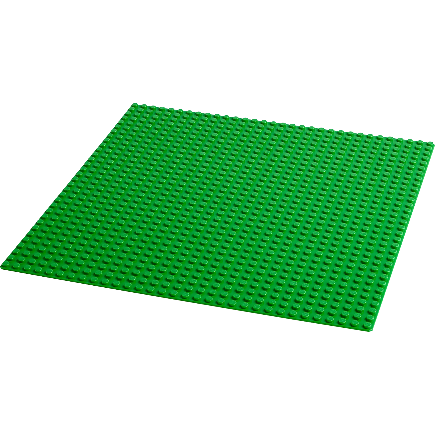 A square, green Lego baseplate, with numerous small circular studs arranged in a grid pattern. The background is white.