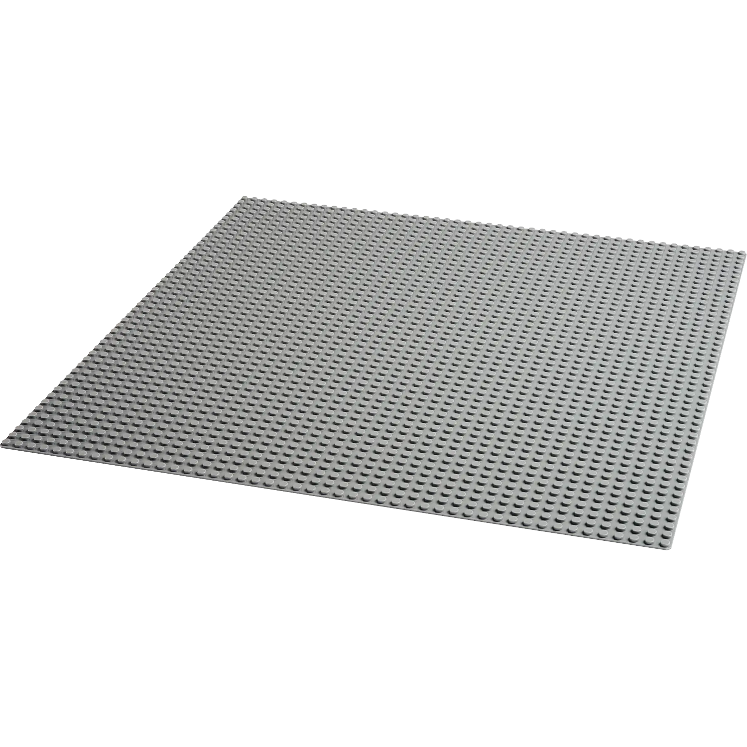 A gray Lego baseplate is shown, with many small round studs. It is angled slightly from the top left to the bottom right.