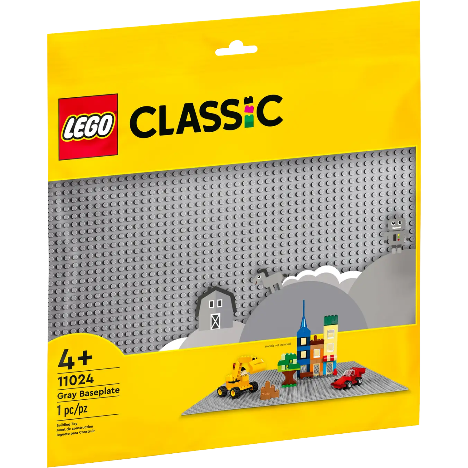 A Lego Classic set pack. It includes a gray baseplate with some toy models on it. The bag is yellow.