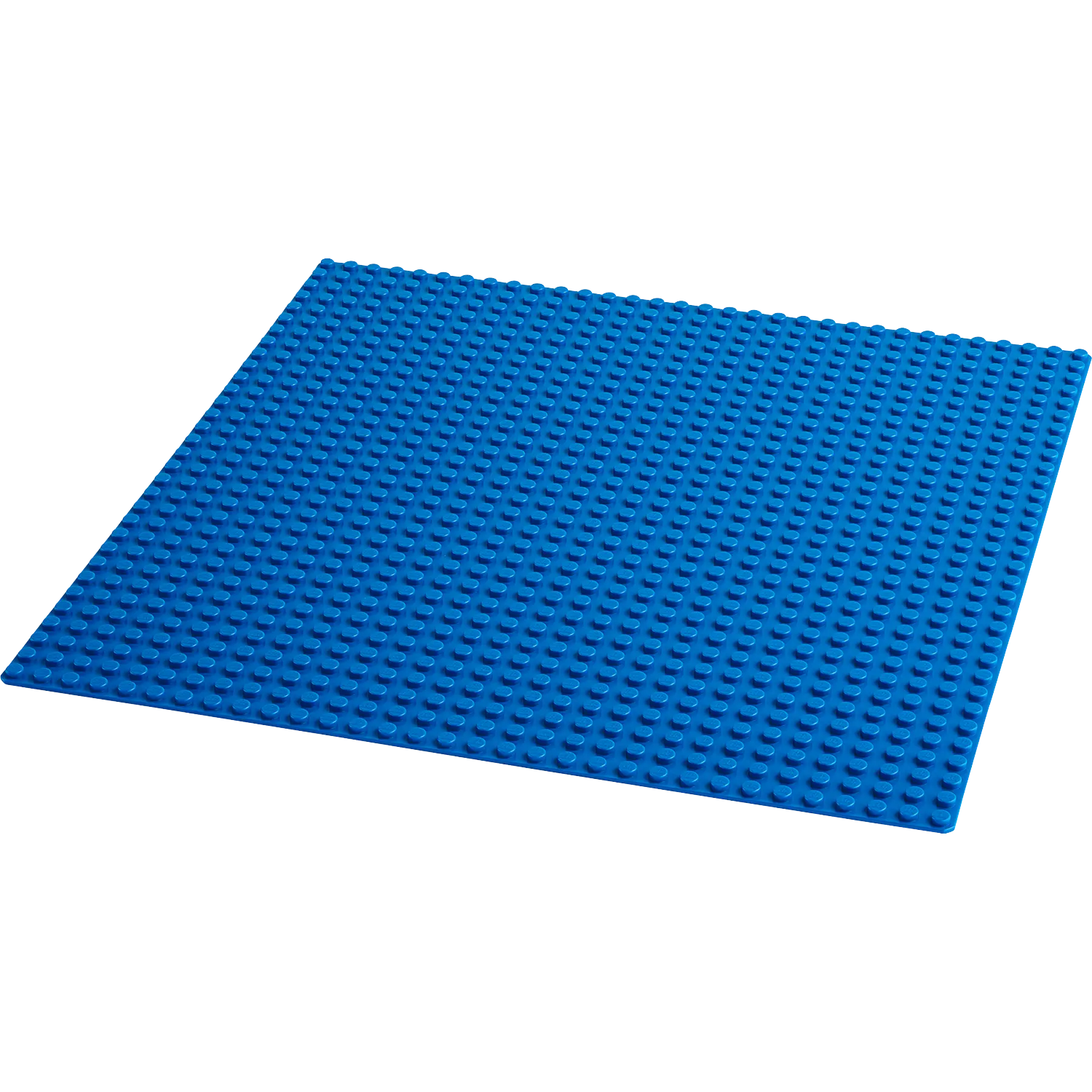 A blue Lego baseplate, rectangular with numerous circular studs. White background.
