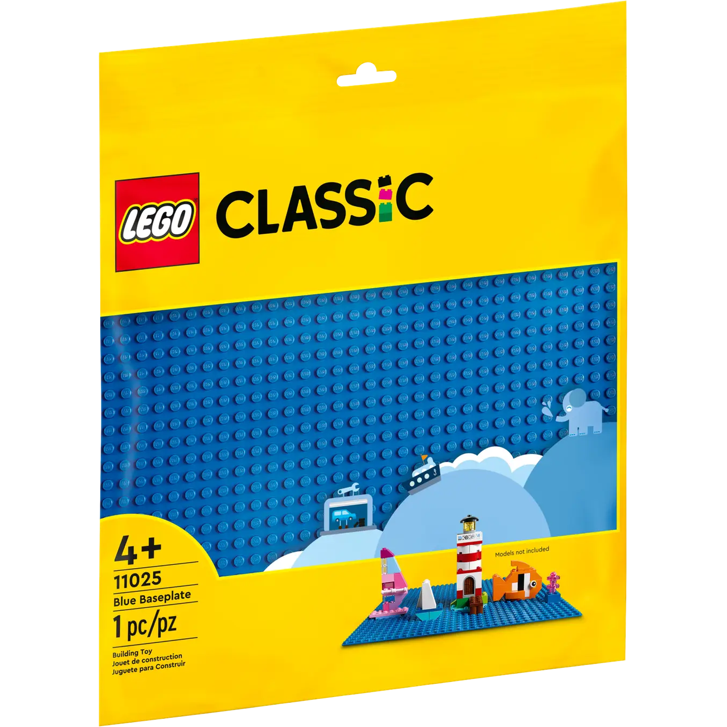 A yellow LEGO Classic bag with a blue baseplate. It shows a lighthouse, boat, fish, and other LEGO models on the plate.