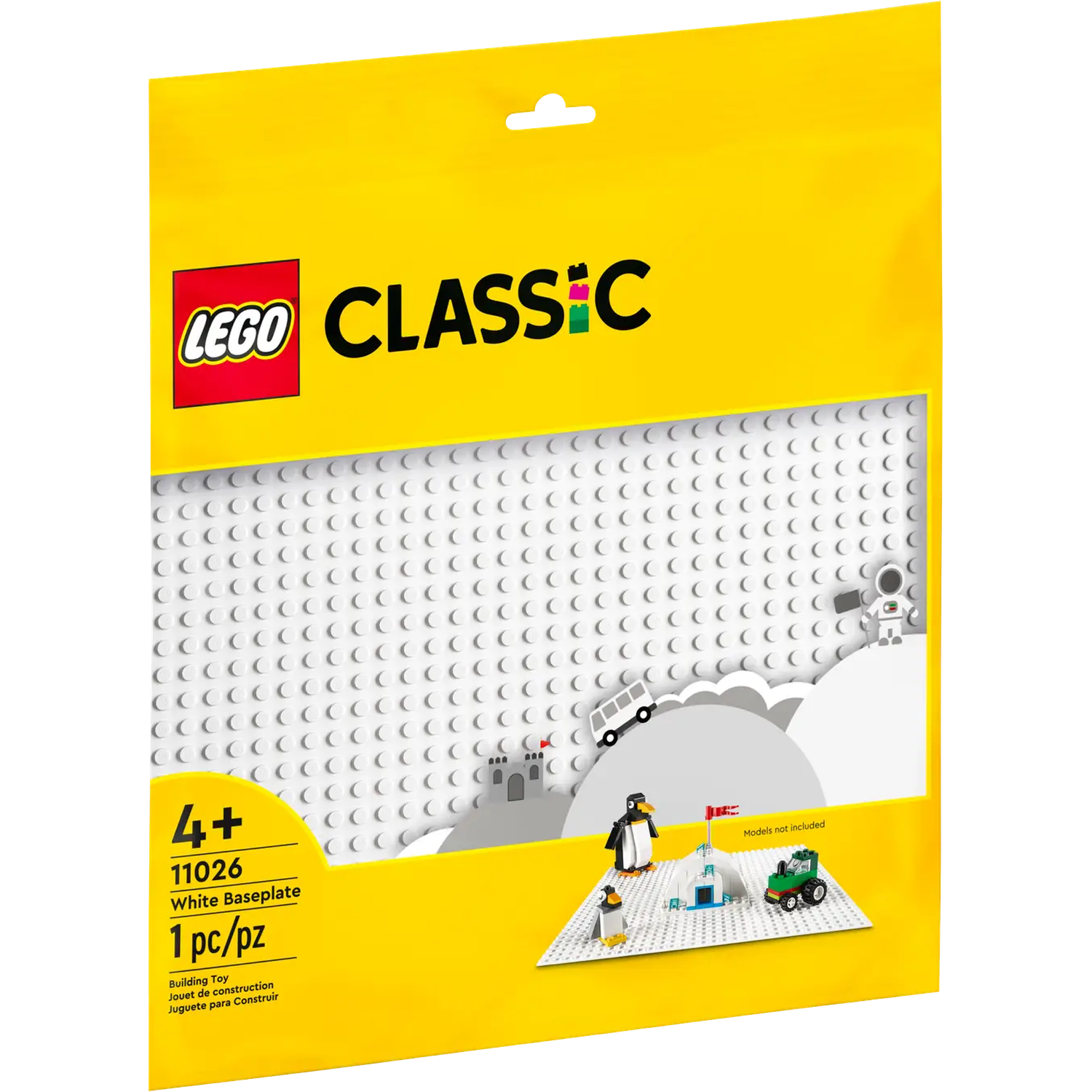 Een gele LEGO Classic verpakking. Het bevat een witte basisplaat en illustraties van LEGO modellen, waaronder een pinguïn, een auto en een astronaut.
