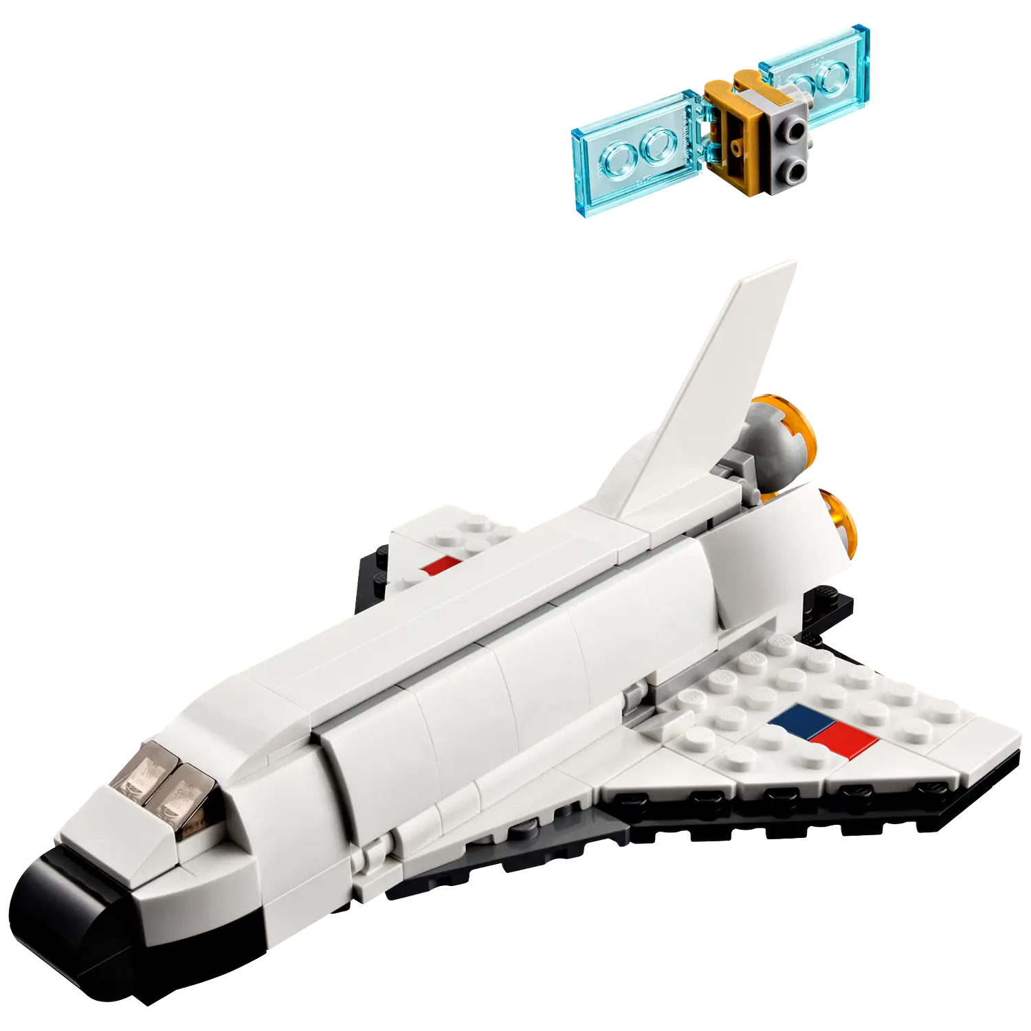 A Lego space shuttle and a satellite are shown against a white background. The shuttle is white with black and red details.