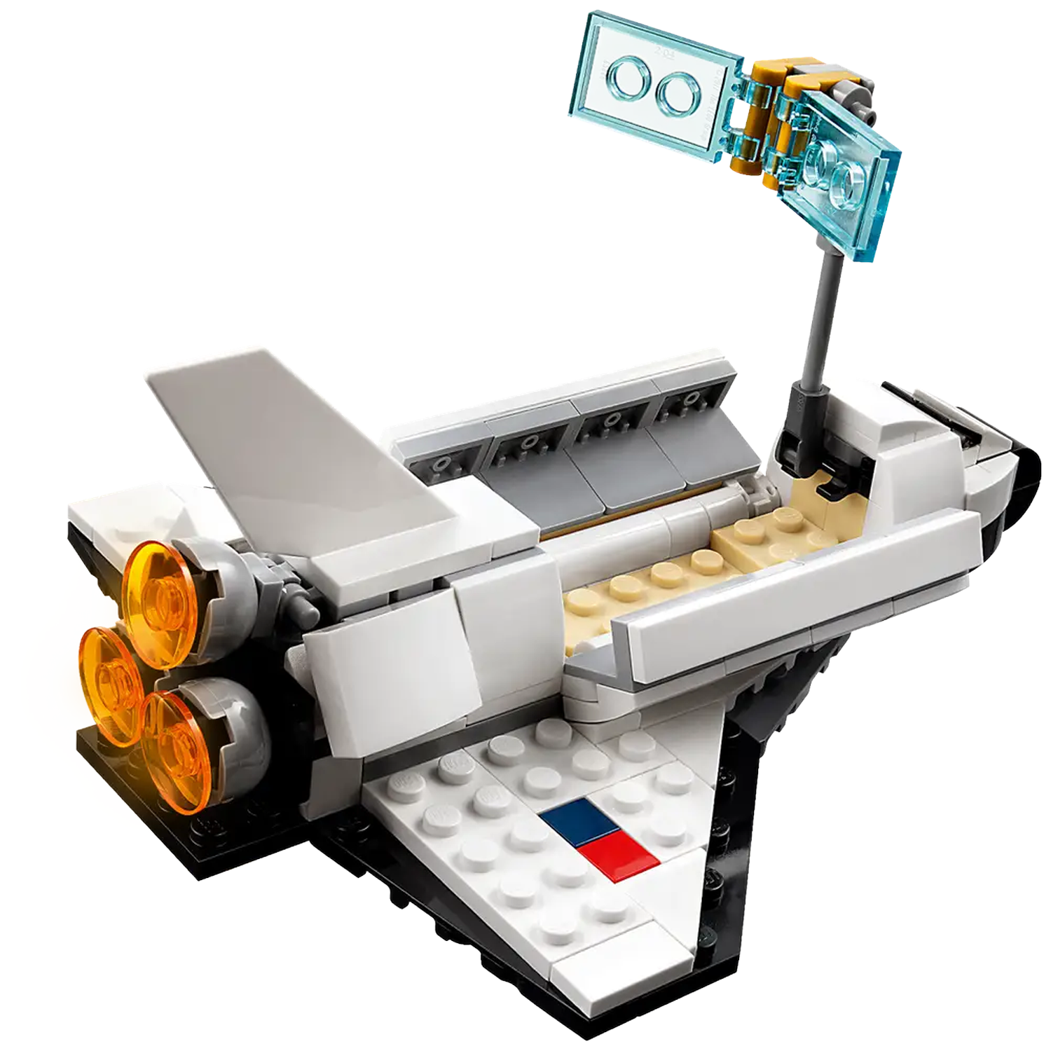 A white Lego spaceship with gray and black accents. It has orange engine lights and a blue transparent panel on top.