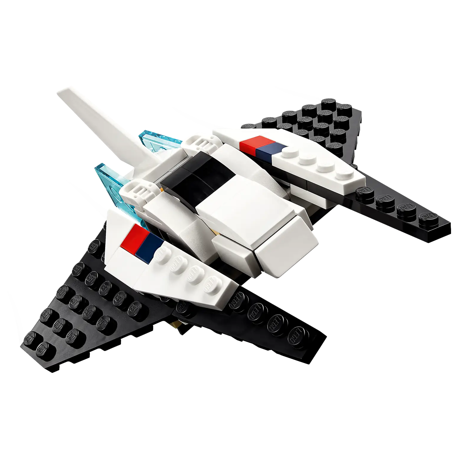 A Lego spaceship with black wings, white body, and blue and red accents. The background is white.