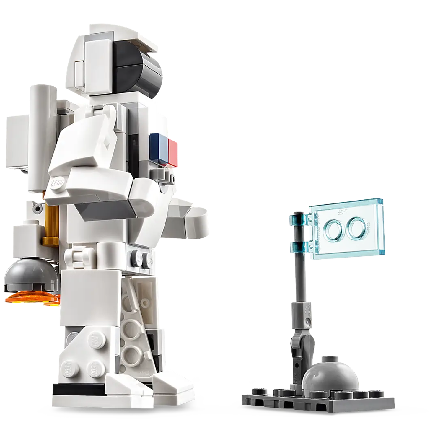 A Lego astronaut stands next to a flag on a stand. The astronaut is white with black and grey details. The flag is transparent blue.