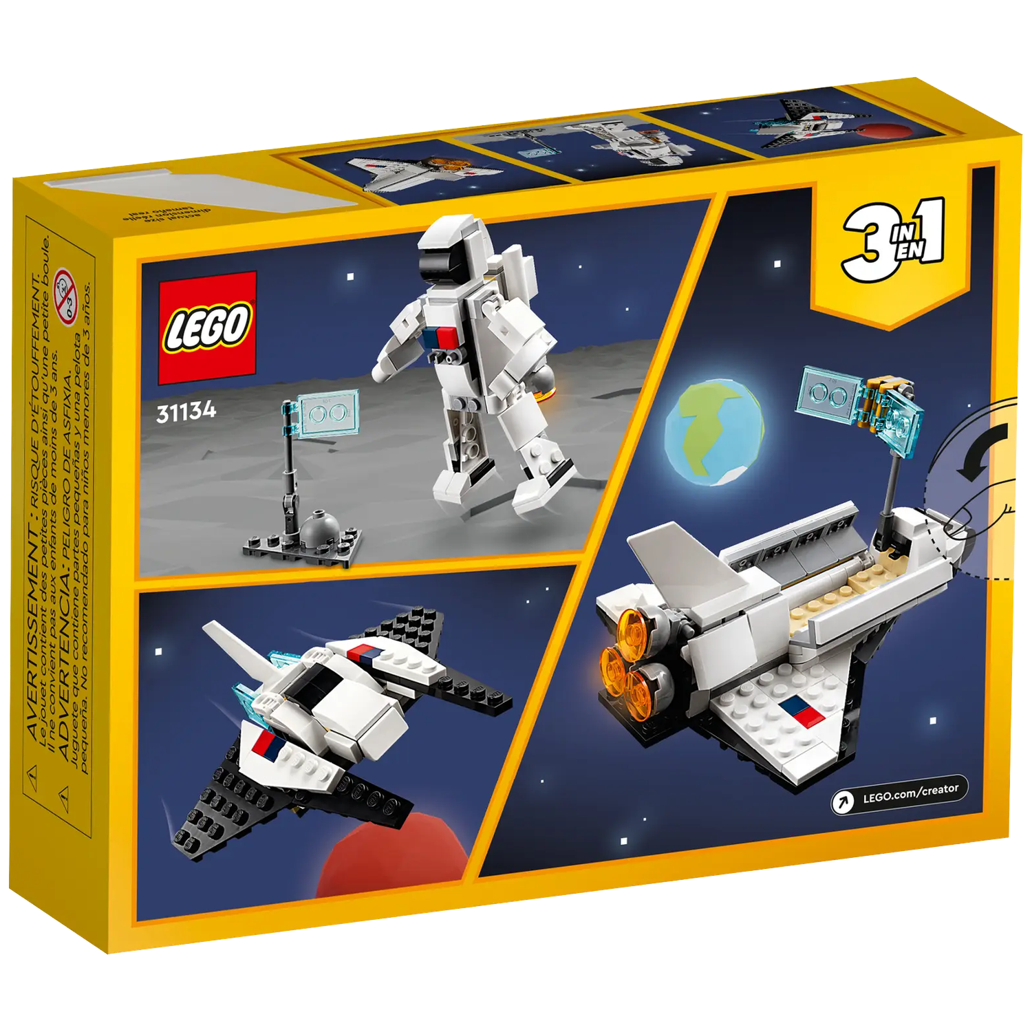 The LEGO box shows a 3-in-1 set with a spaceman, spaceship, and a spacecraft. The background features planets and stars.