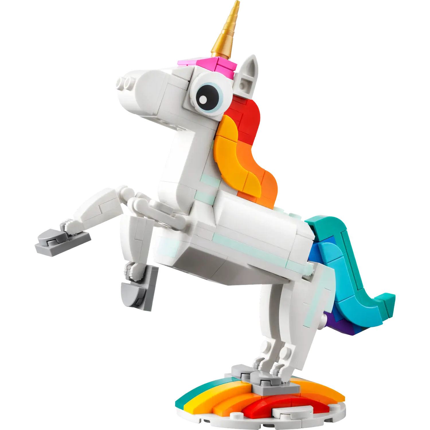 A Lego unicorn, white body, colorful mane and tail, gold horn, standing on a rainbow base, front legs raised.