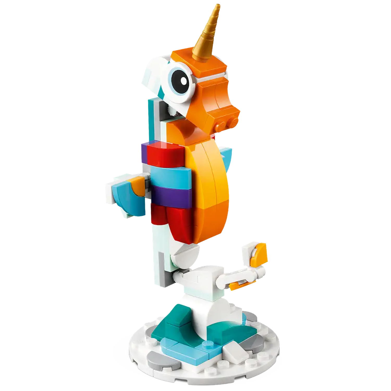 A Lego seahorse with an orange head and horn, blue, red, and yellow body, and white base with teal accents.
