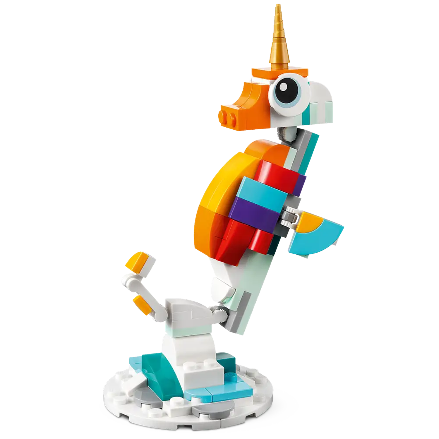 A Lego seahorse with a golden horn and colorful body. It stands on a white base with blue and green accents, against a white background.