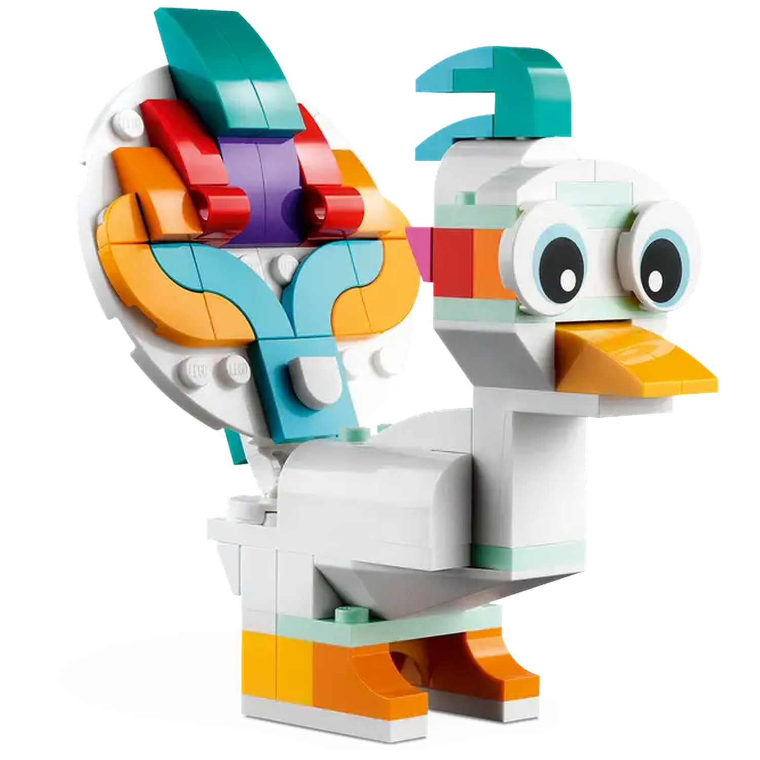 A Lego bird made of white, blue, orange, red, and purple blocks. It has big eyes and a yellow beak. The background is white.