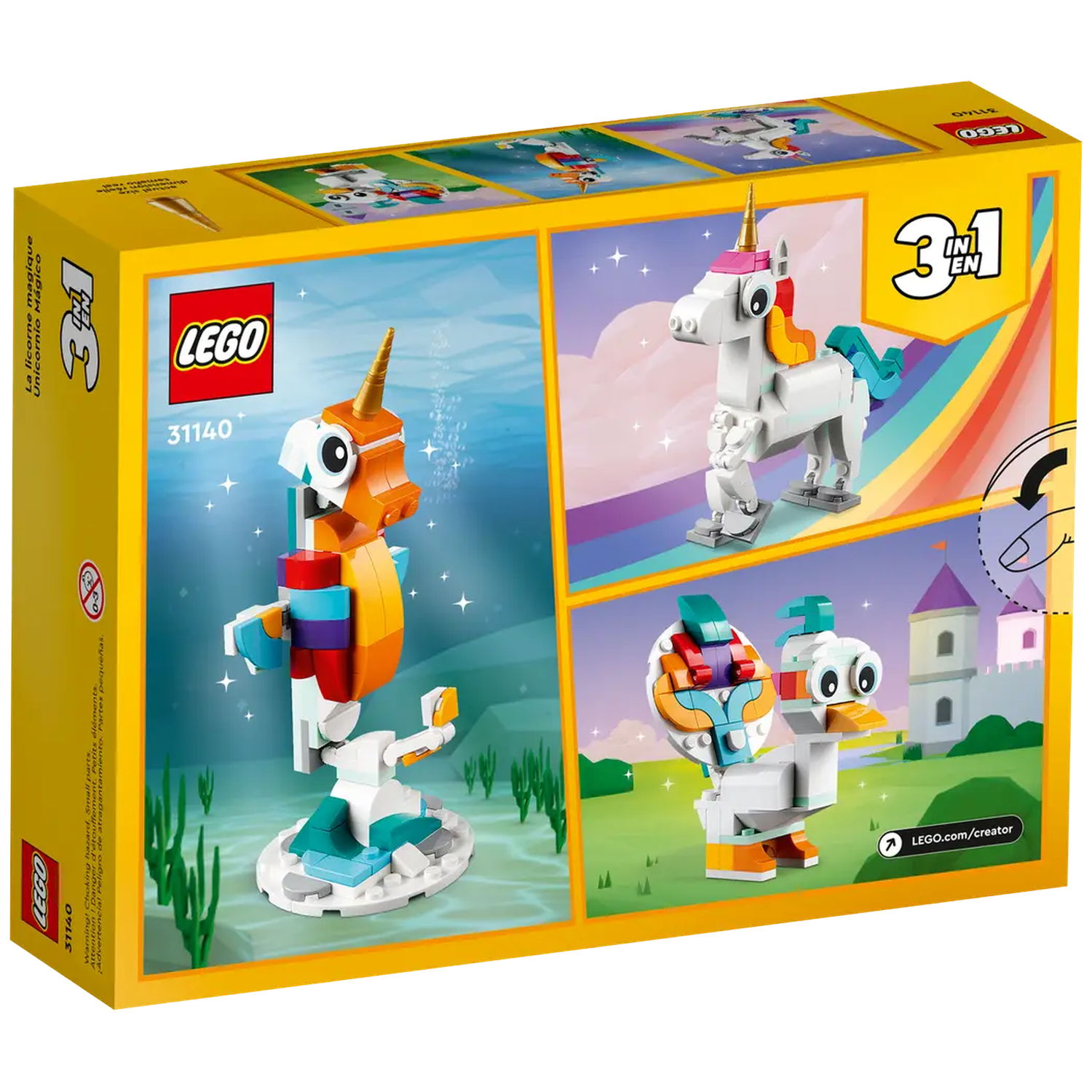 A Lego box shows three build options: a seahorse, a unicorn, and a duck, all built from colorful Lego bricks.