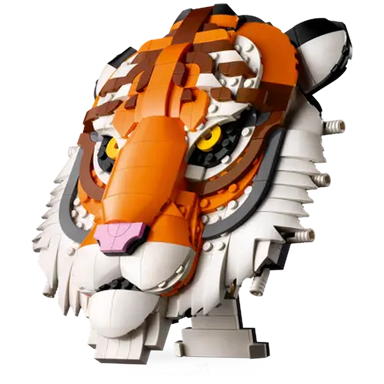 A tiger head model made of bricks. It has orange, white, black, and brown colors. The eyes are yellow and the nose is pink.