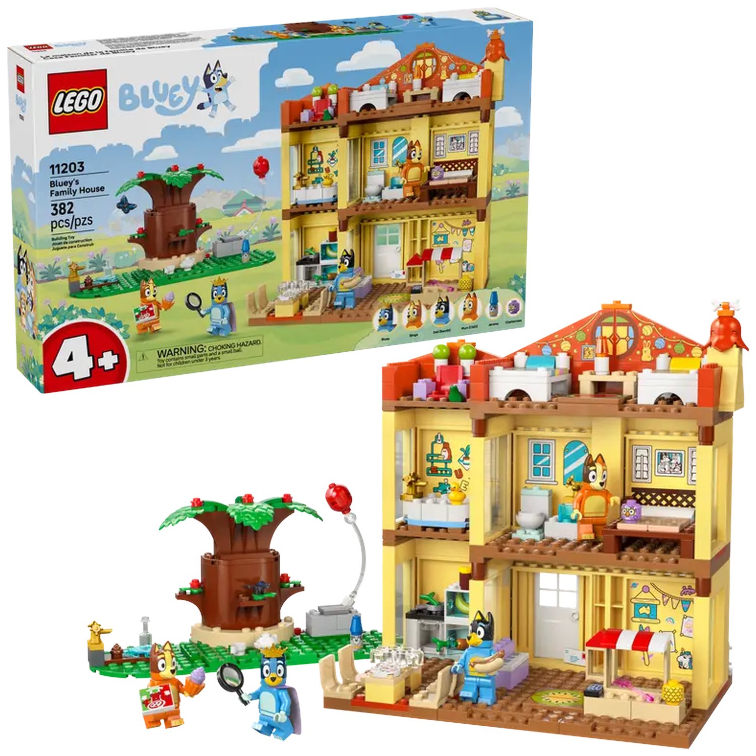 LEGO Bluey's Family House set. Voorzien van een huis met meerdere verdiepingen, Bluey en vrienden figuren, een boom en accessoires.