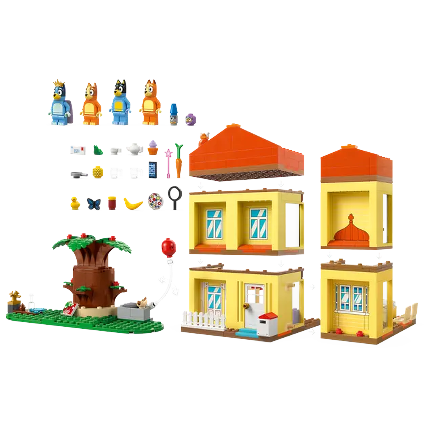 Lego set met Bluey-personages, een huis, een boom en diverse accessoires. Felle kleuren en cartoonstijl.