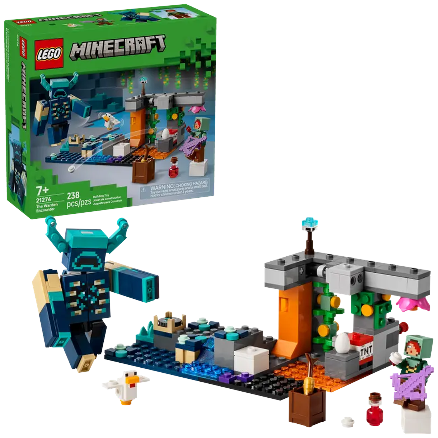 LEGO Minecraft set. Warden figuur, kip en andere karakters. Scène bevat lava, blokken en een TNT-blok.