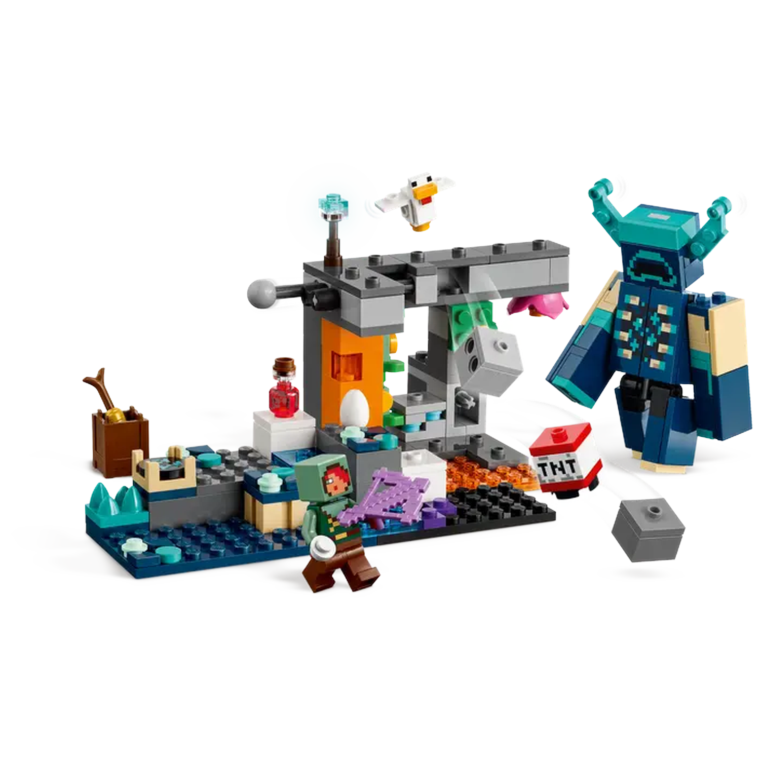Een Minecraft Lego-set met verschillende figuren, een kip, TNT en een Warden. De scène speelt zich af op een blauw en grijs platform.