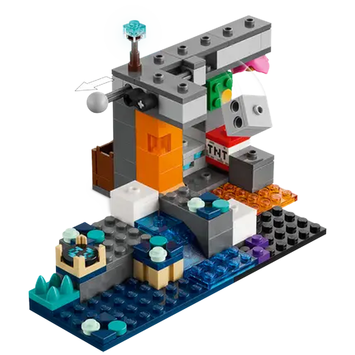 Een Lego-diorama met grijze structuren, oranje en blauwe elementen. Bevat een TNT-doos, een gloeiend licht en een witte kubus.