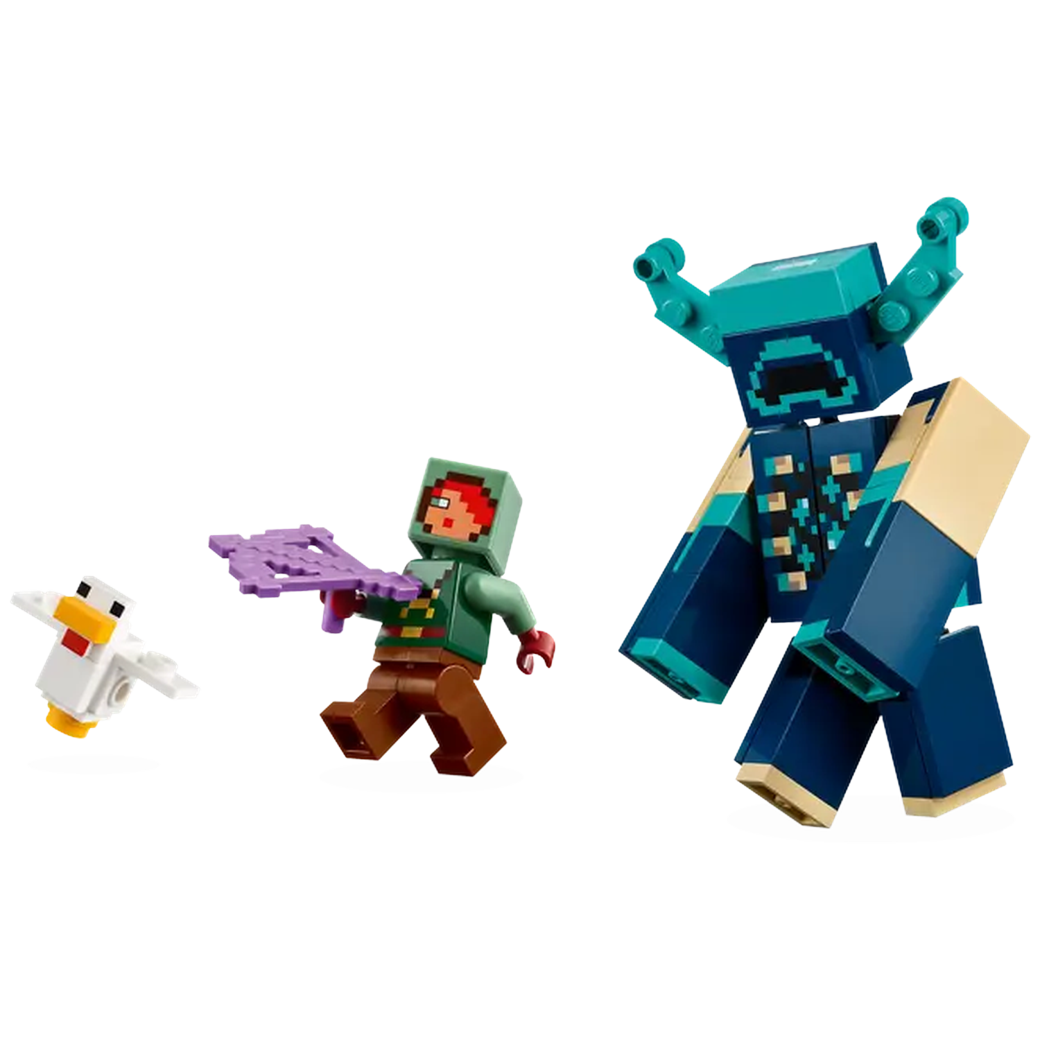 Minecraft Lego set met figuren: Warden, een persoon met een paarse kruisboog en een kip.