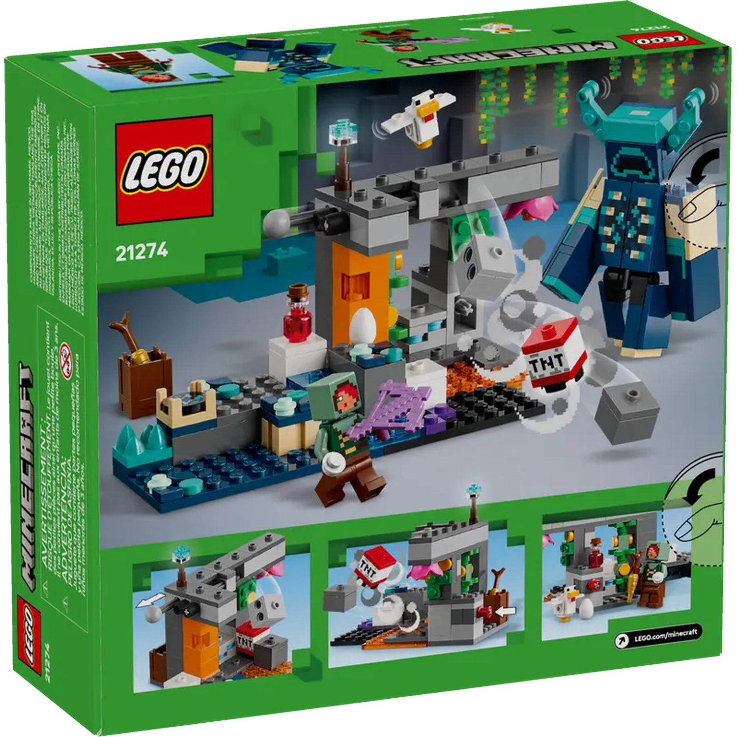 De achterkant van een Lego Minecraft doos. Het toont een Lego set met karakters en structuren in een groene doos.