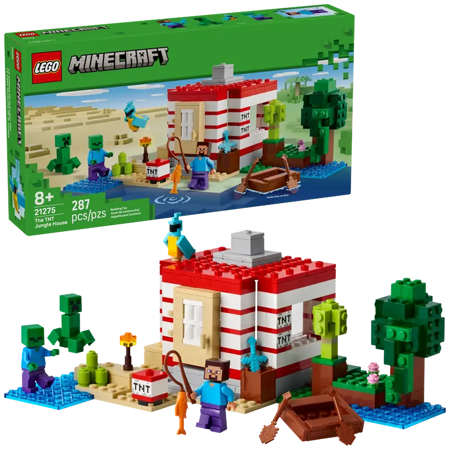 A Minecraft LEGO set with a red and white house, characters, a boat, trees, and TNT blocks.