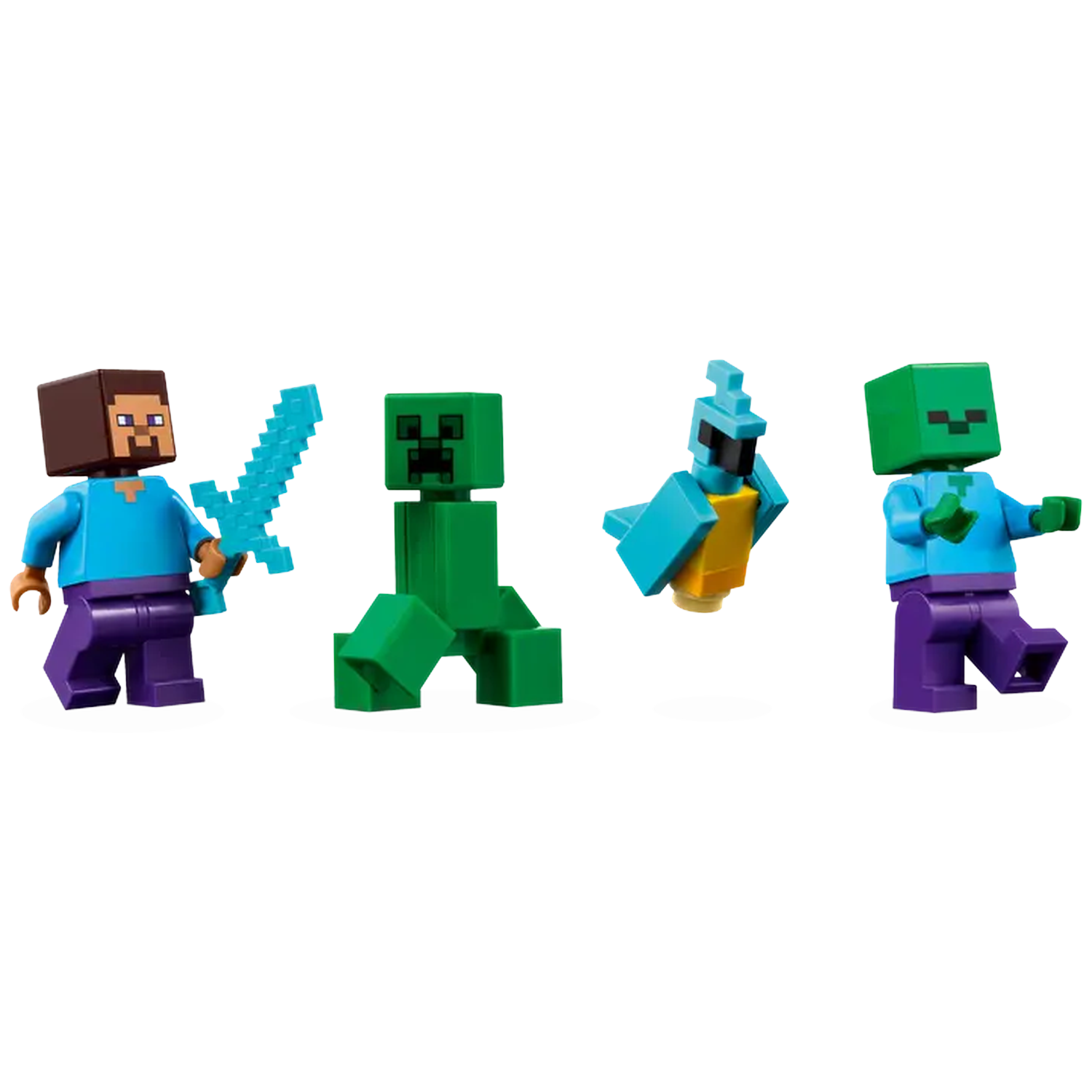Four Minecraft figures: Steve with sword, Creeper, a blue bird-like creature, and a zombie. All are blocky Lego style.