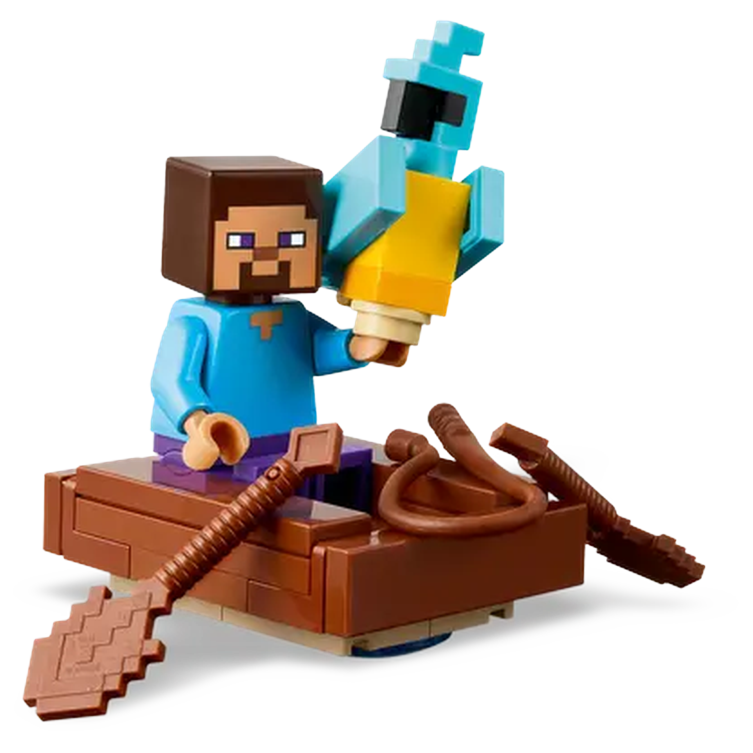 Minecraft Lego boat with Steve figure and parrot. Steve in blue shirt, brown hair, brown boat and paddles.