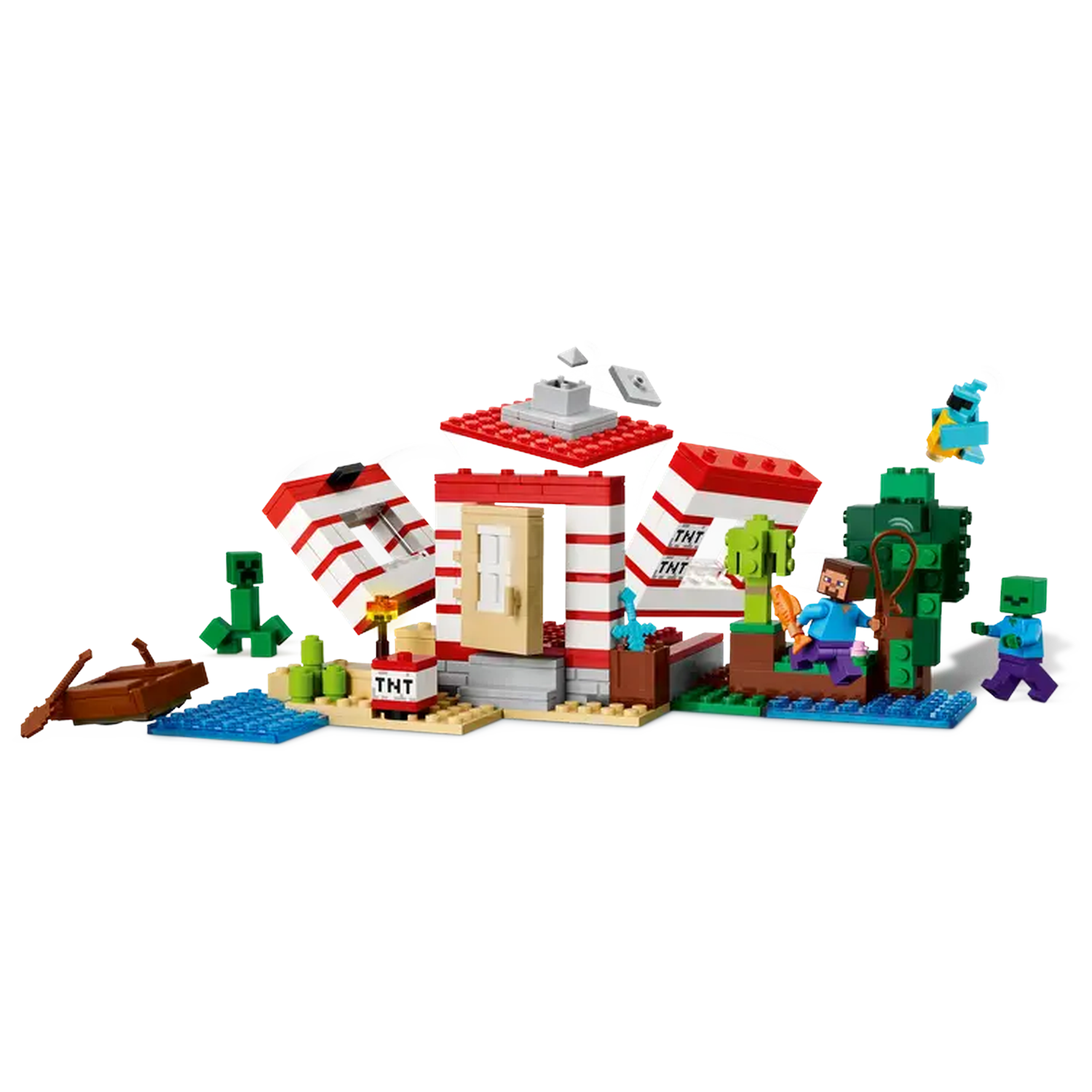 Minecraft Lego set with a building, figures, and TNT. Includes boat, water and trees. Figures are in front of the building.