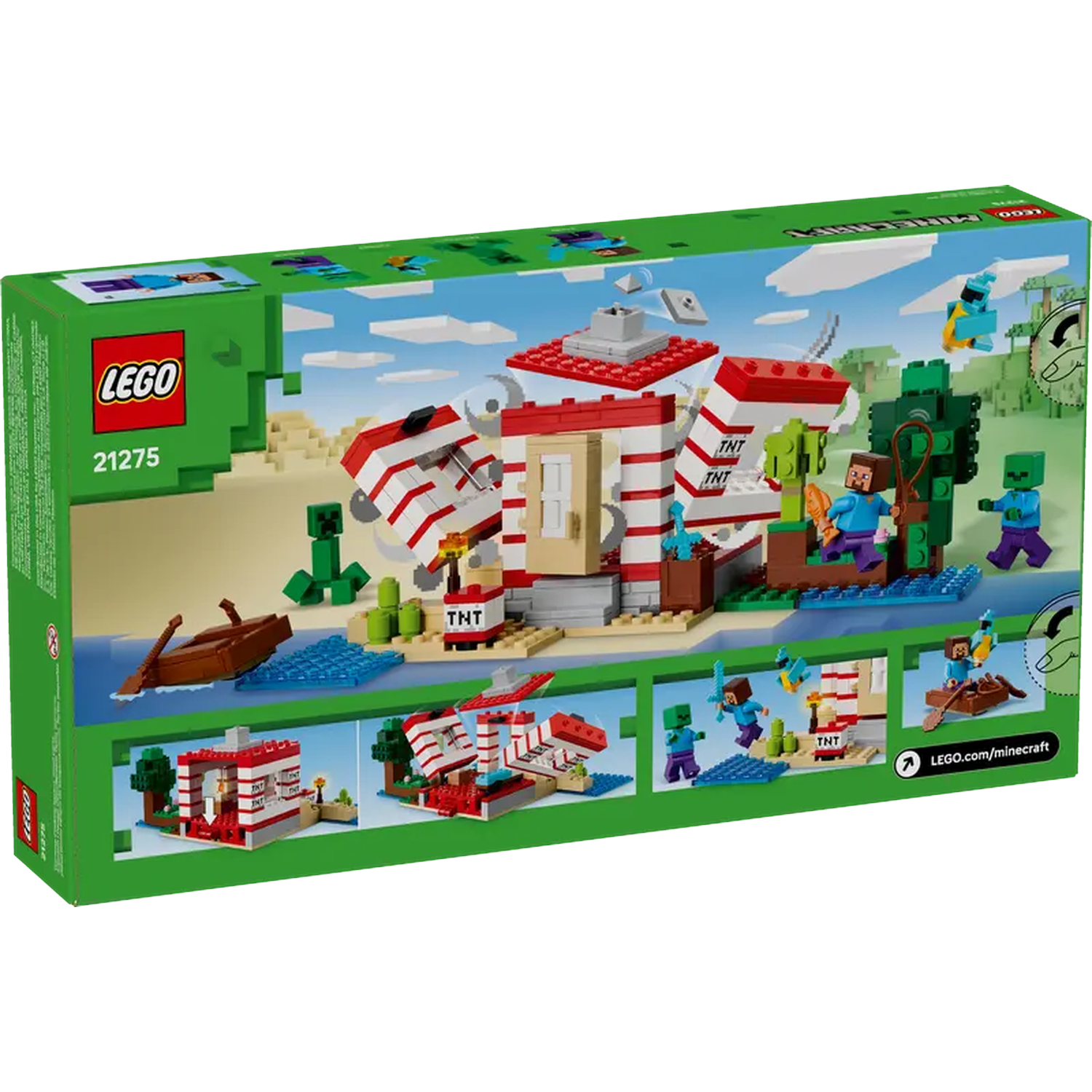 Lego Minecraft set box. Shows a beach scene with a building, characters, boat, and TNT blocks, with the Lego logo and the number 21275.