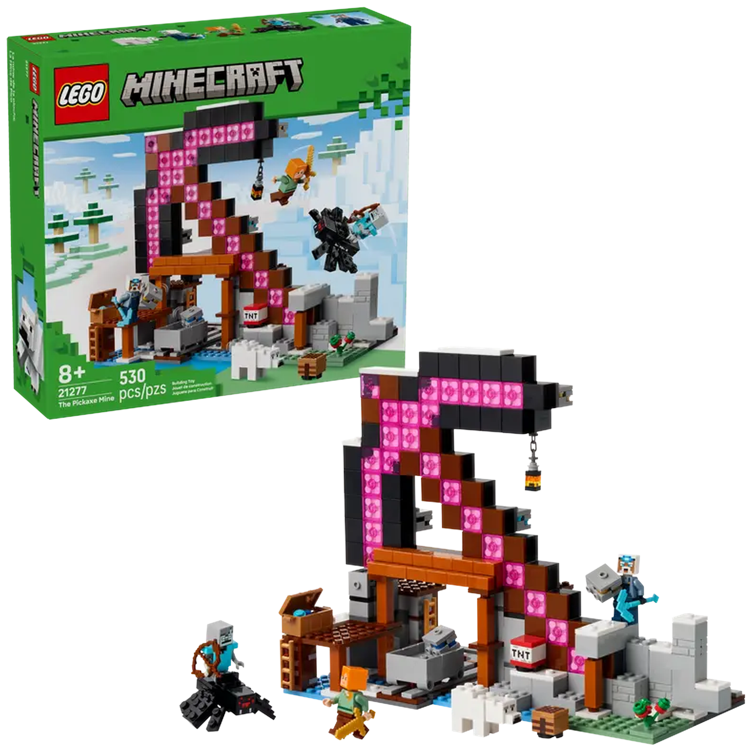 Minecraft Lego set. Includes figures, mine structure, TNT, and a box. The set is on a white background, with the box in the top left.