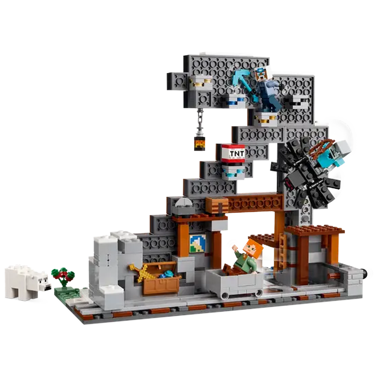 Minecraft Lego set. A polar bear, Alex in a cart, TNT, a mine, and a character with a pickaxe are visible.