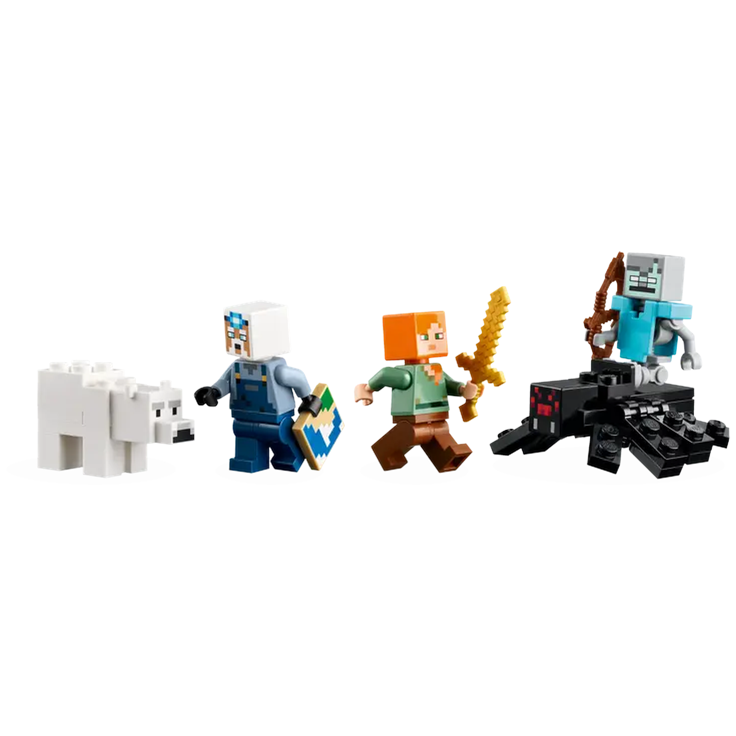 Minecraft Lego set with a polar bear, characters, a spider, and weapons on a white background.