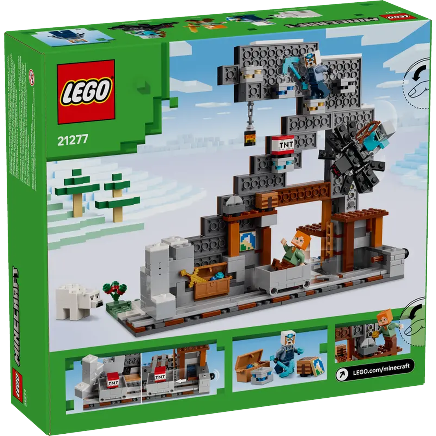 The box shows a Lego Minecraft set. It features a mine scene with characters, TNT, and a polar bear on a snowy landscape.