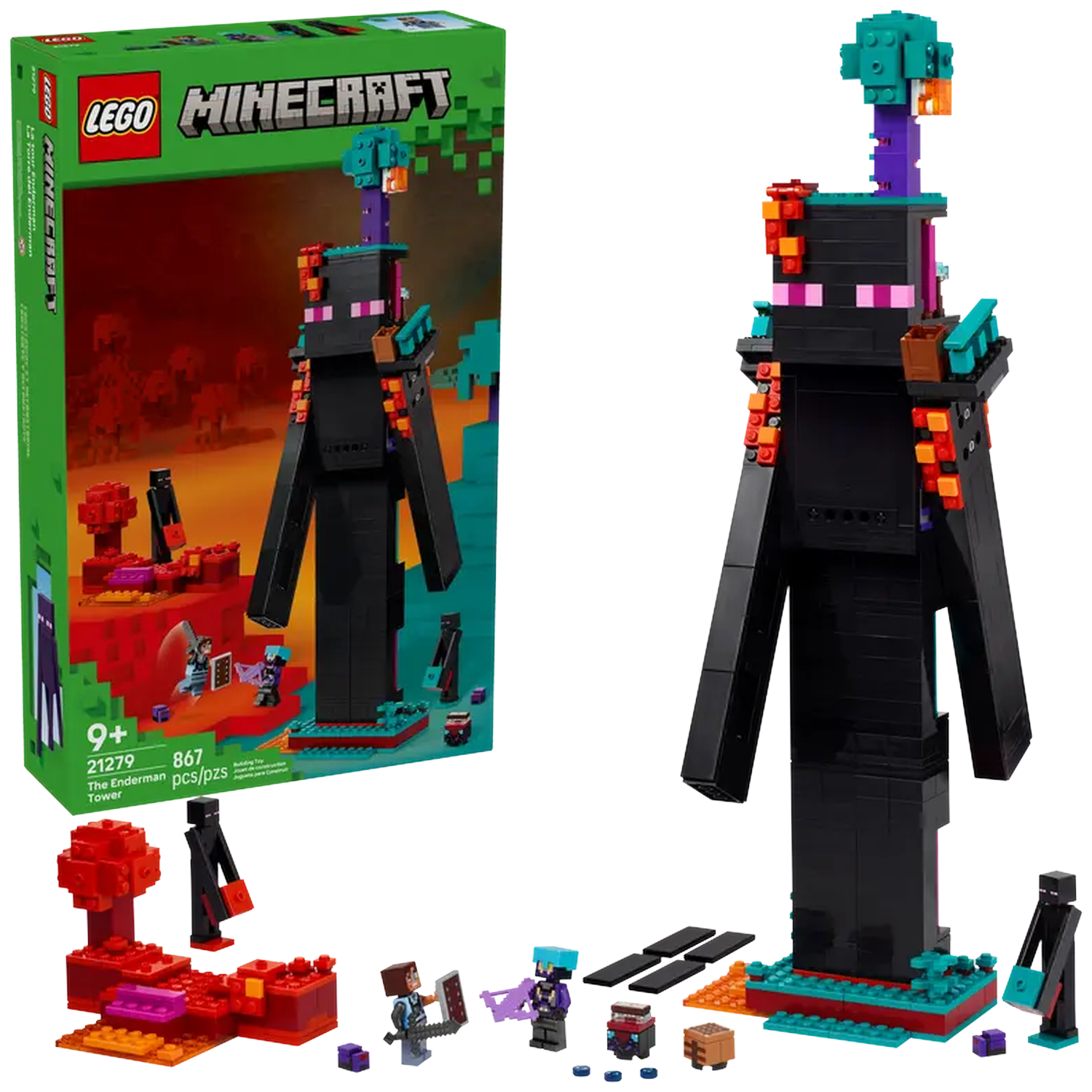 LEGO Minecraft-set met Enderman-toren en figuren. Inclusief doos, Enderman en andere personages en accessoires.