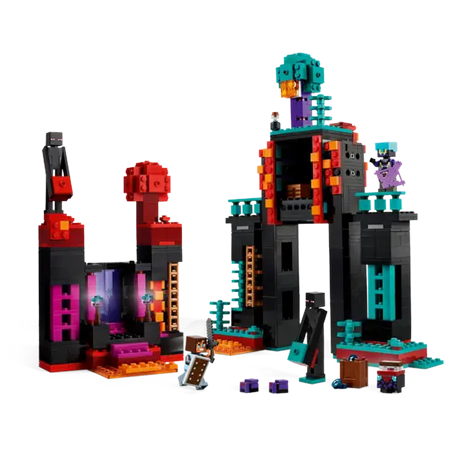 Minecraft Lego set met een Nether-portaal, Endermen en een krijgersfiguur. Zwarte, rode en groene blokken vormen structuren.