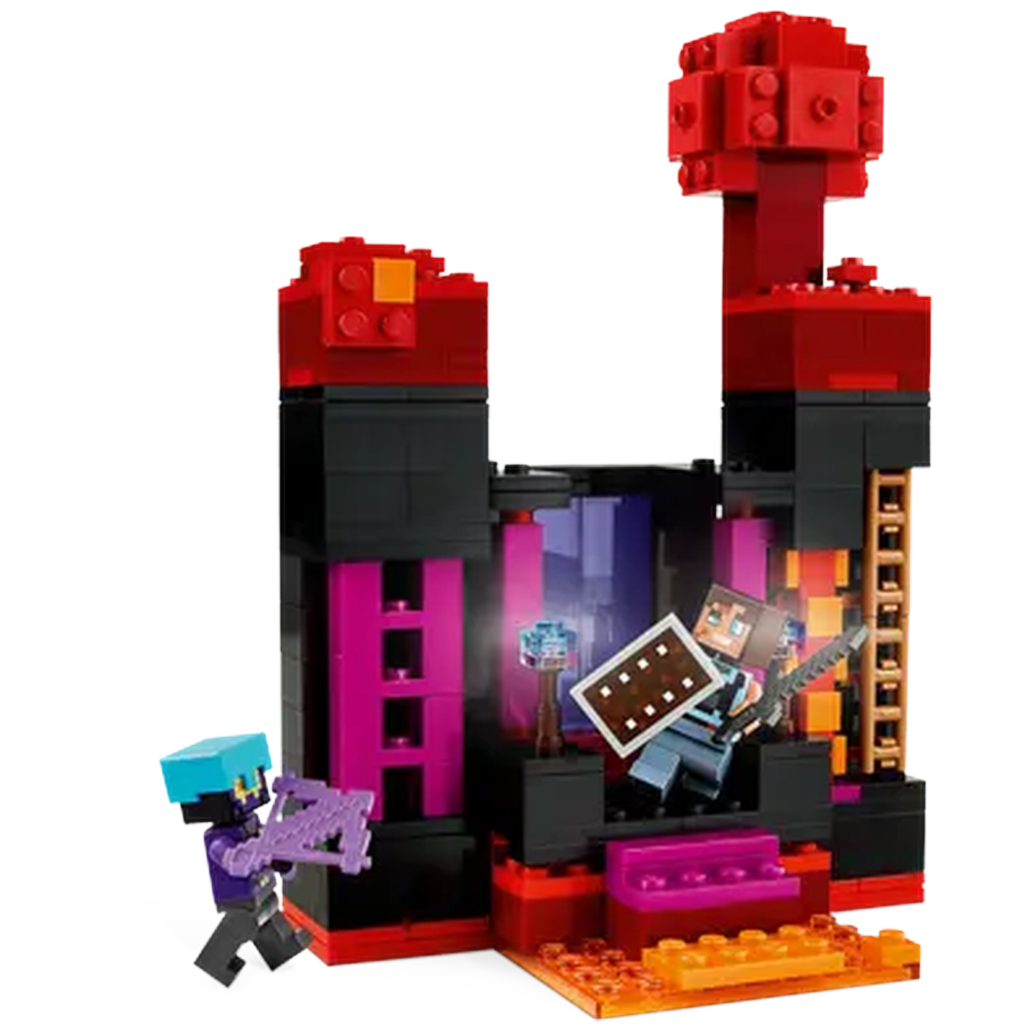 Een Lego Minecraft-set toont een structuur met figuren. Figuren met wapens staan voor rode en zwarte blokken.