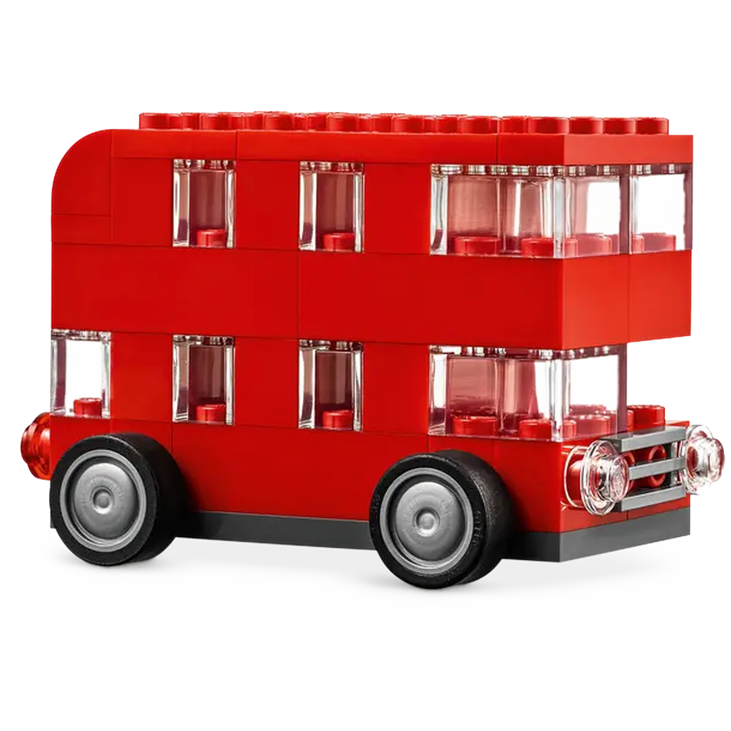 A red double-decker bus made of Lego bricks, featuring windows, wheels, and headlights, set against a white background.