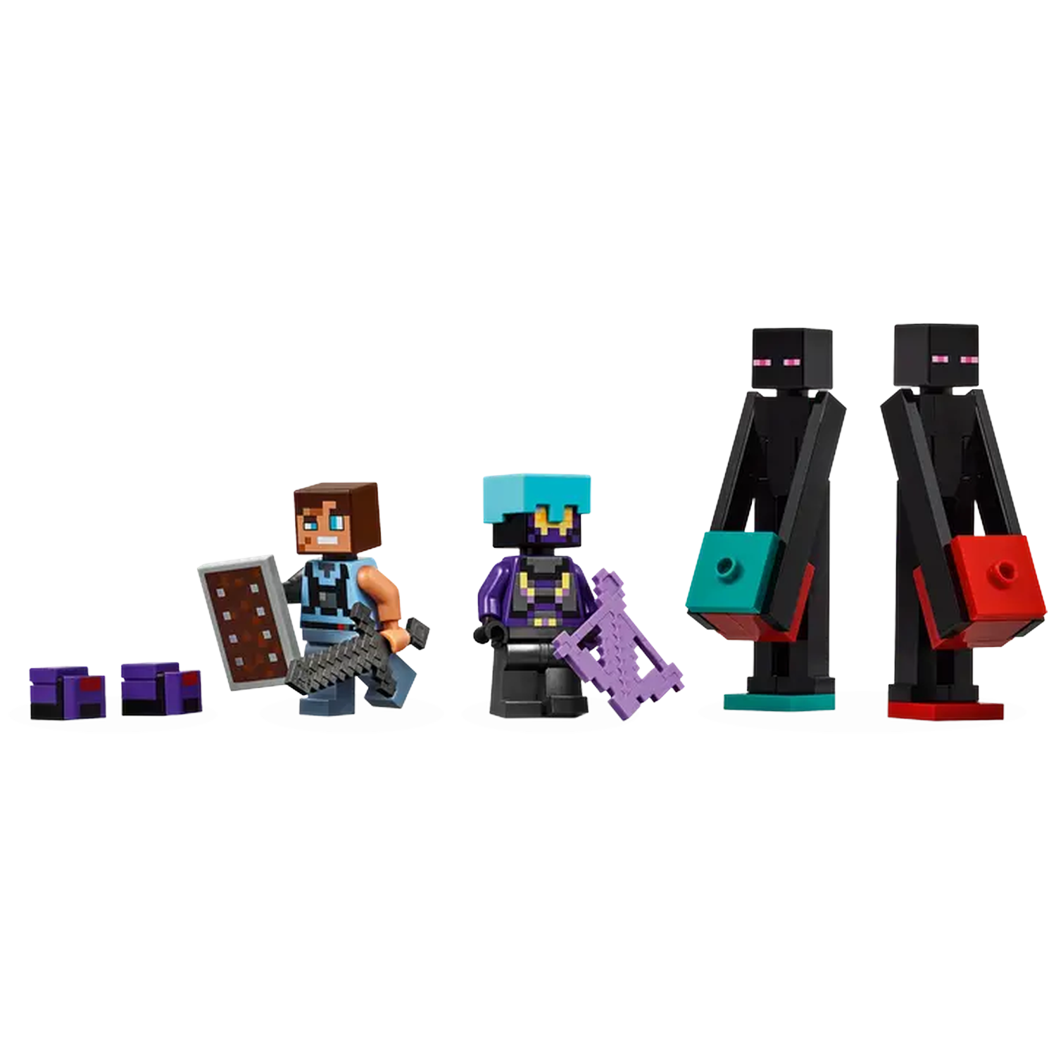 Minecraft Lego figuren. Steve met zwaard en schild, een figuur met paarse kruisboog en twee Endermen met blokken.