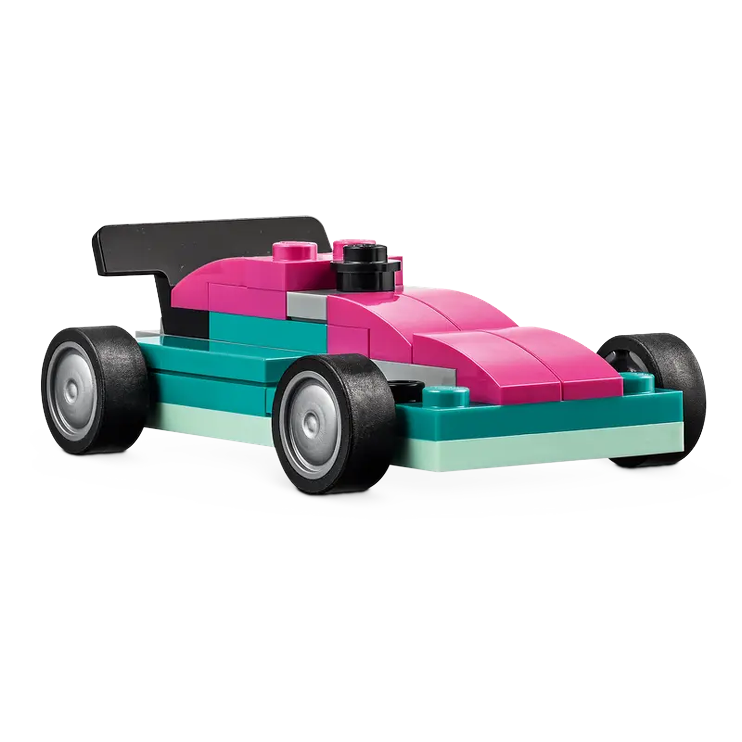 A toy race car made of blocks. It has a pink top, teal body, black tires, and a black spoiler. The background is white.