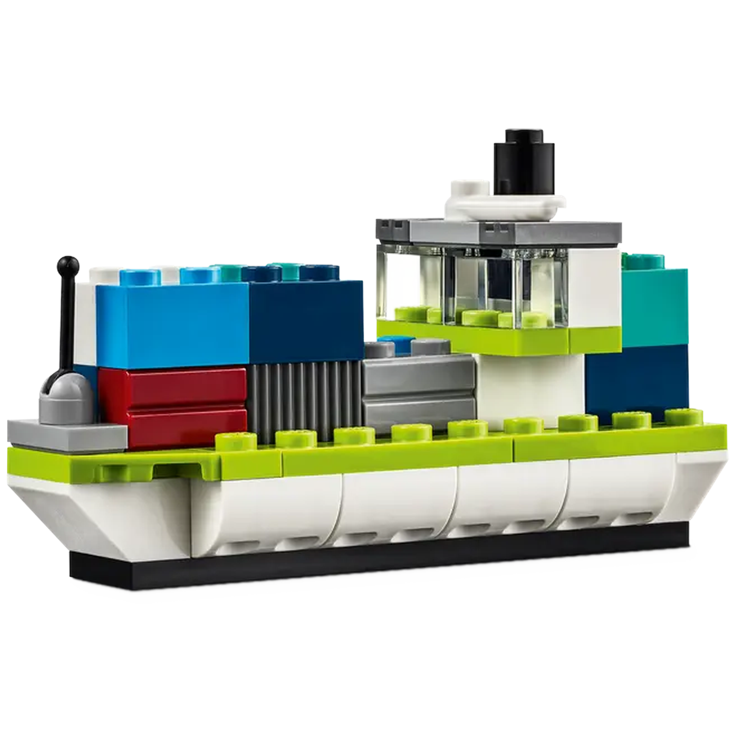 A toy ship made of colorful blocks. It has a white hull with green and black accents. The deck features blue, red, and green blocks.