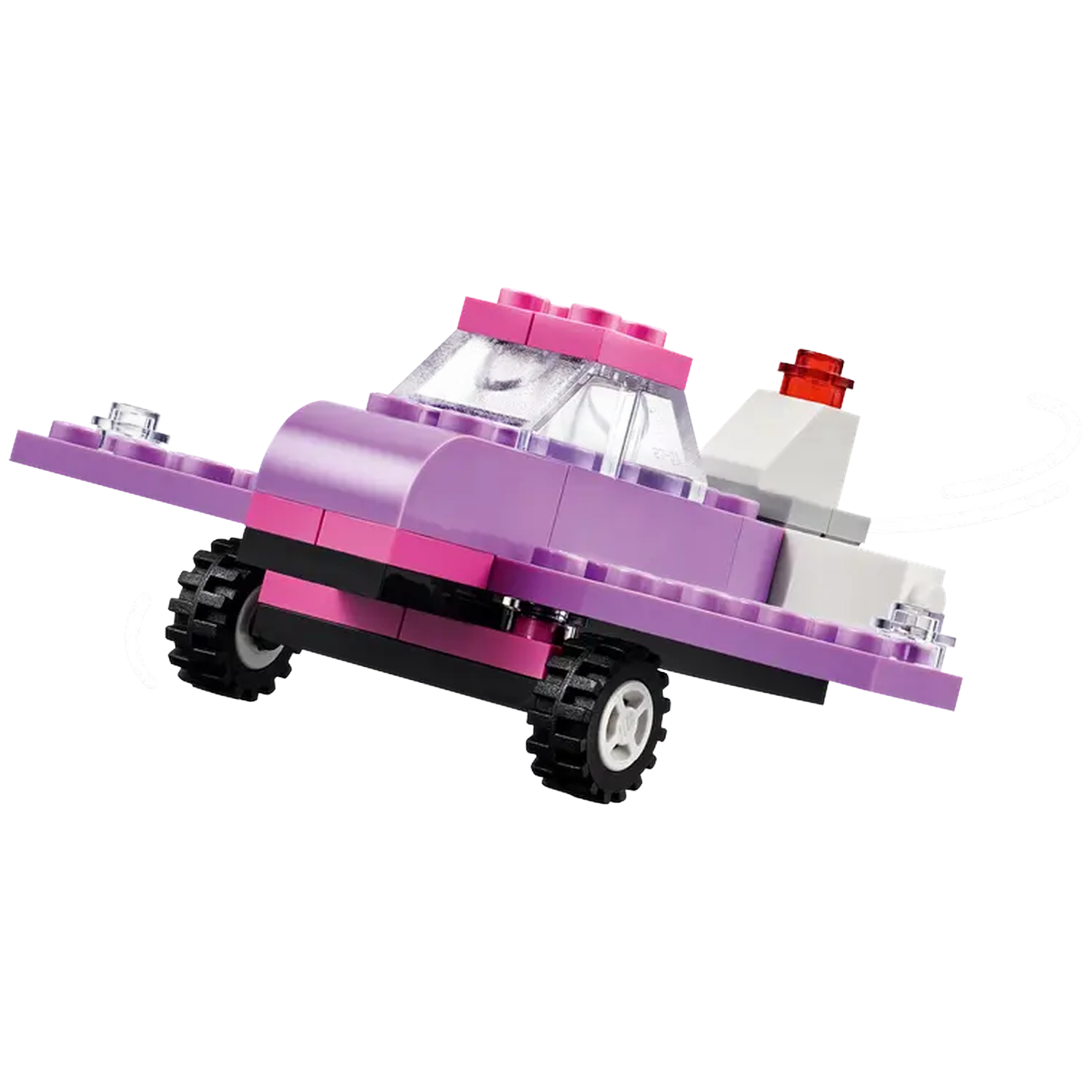A toy car made of Lego bricks in purple, pink, white, and black, with a red light on top. Wheels are visible.