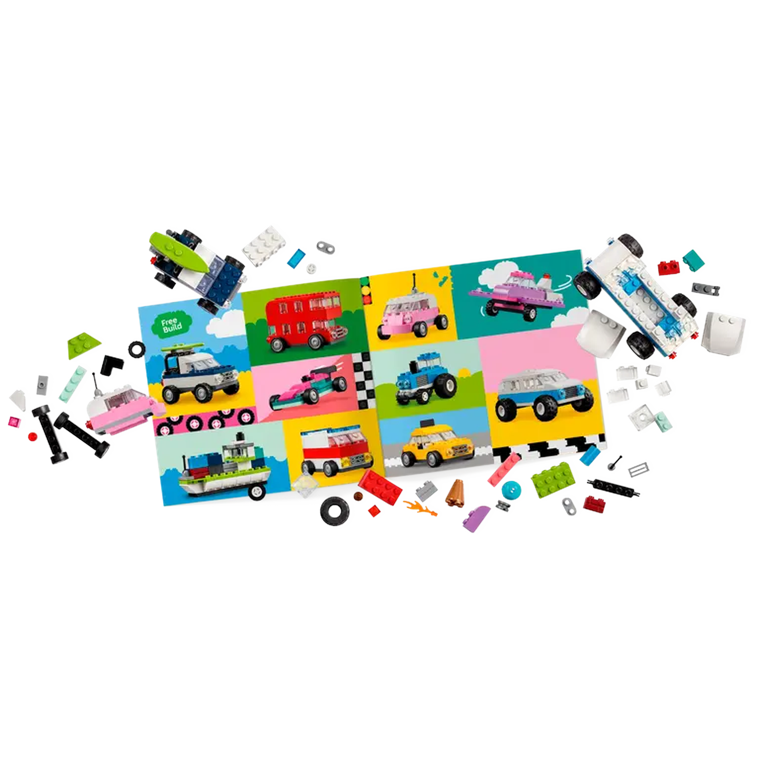 Colorful Lego set with various vehicles and scattered bricks. Includes cars, buses, and boats in a playful arrangement on white.