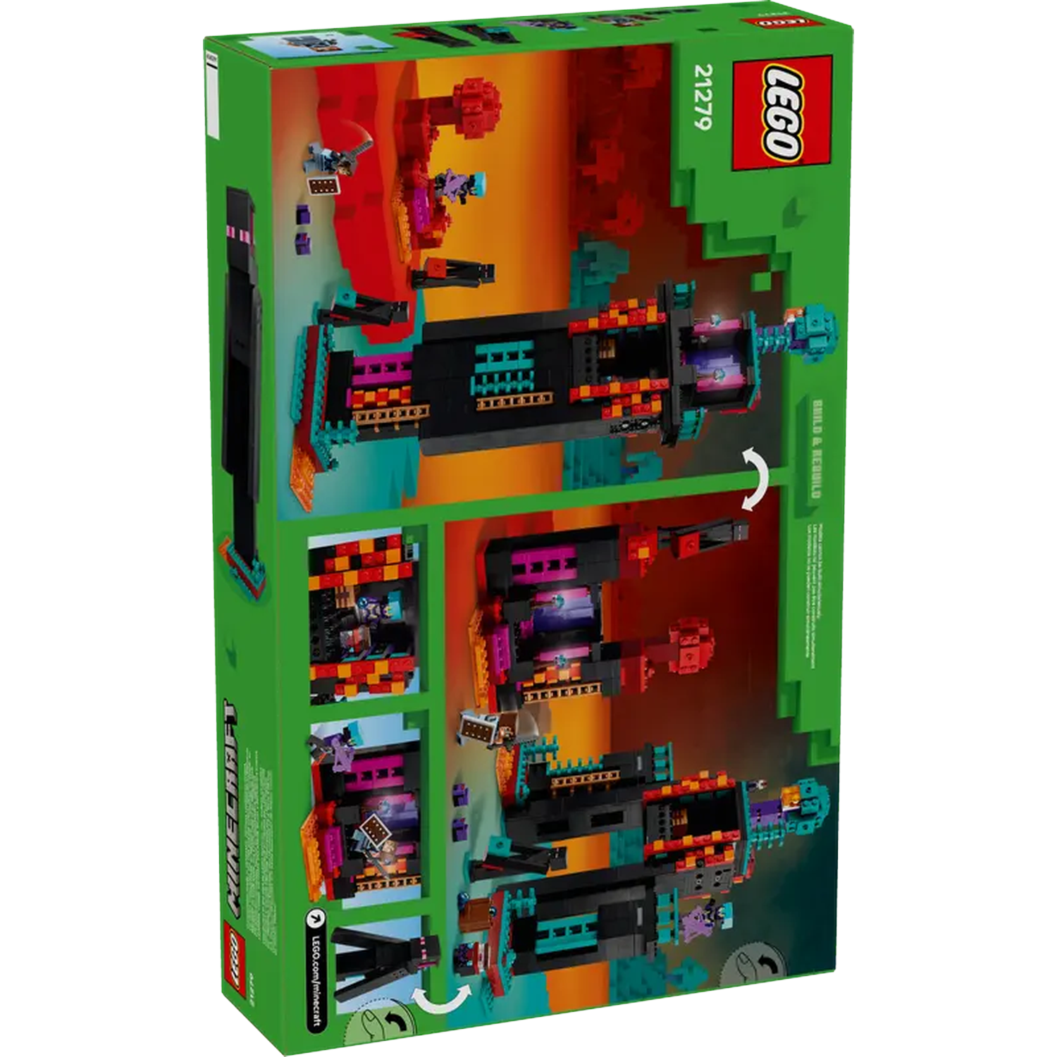 Lego Minecraft set doos. Toont geassembleerde modellen met zwarte, blauwgroene, oranje en paarse blokken. Lego-logo rechtsboven.