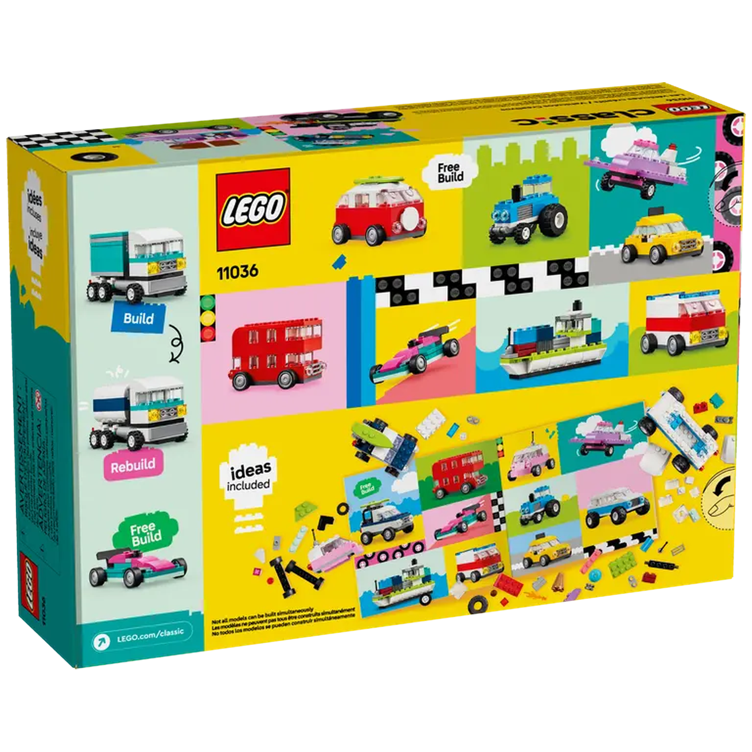 The back of a Lego Classic box with various Lego car models on a yellow background. Logos, text, and building instructions are visible.