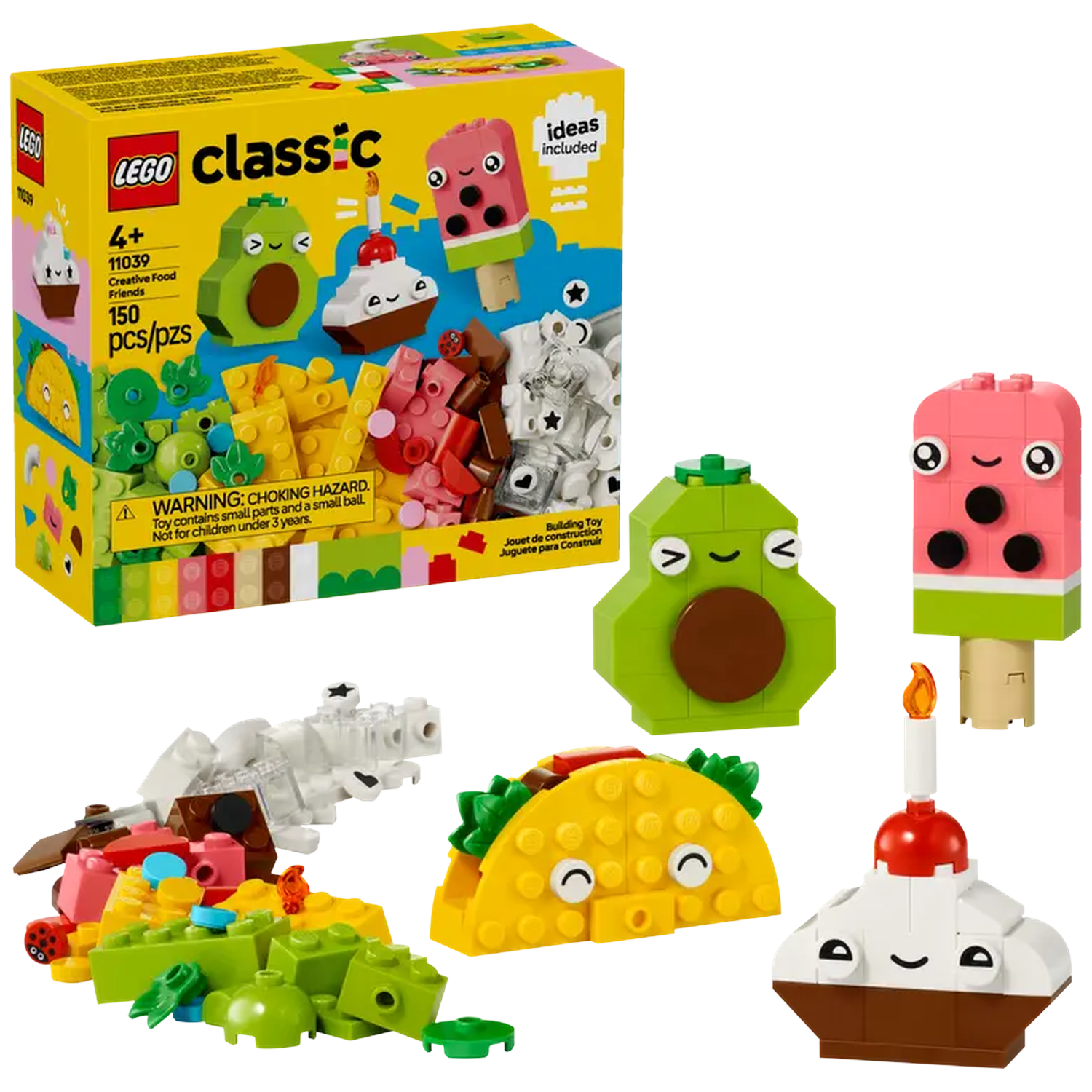A Lego Classic set featuring food-themed builds: avocado, ice pop, cupcake, taco, and more, with a yellow box in the background.