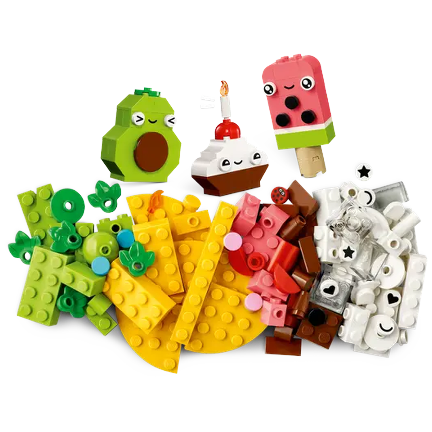 Lego set with avocado, cupcake, watermelon popsicle, and various bricks in green, yellow, pink, brown, and white colors.