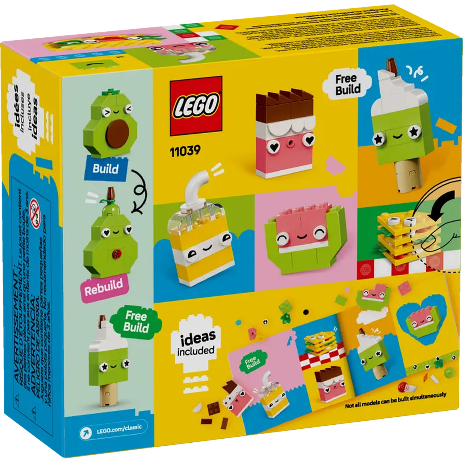 A Lego box shows various Lego builds: avocado, ice cream, chocolate, and drink. Text includes 'ideas included' and 'Free Build'.