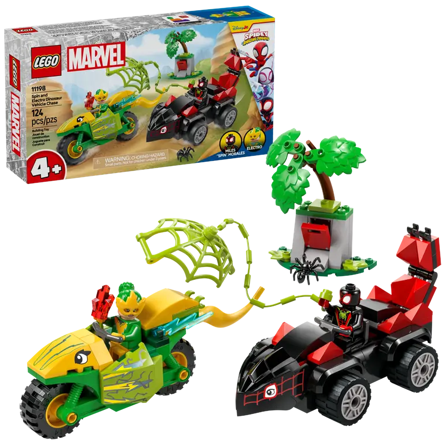 Lego Marvel set: Green motorcycle with a rider, a black vehicle with a rider, a tree, a spiderweb, and a box of lego.