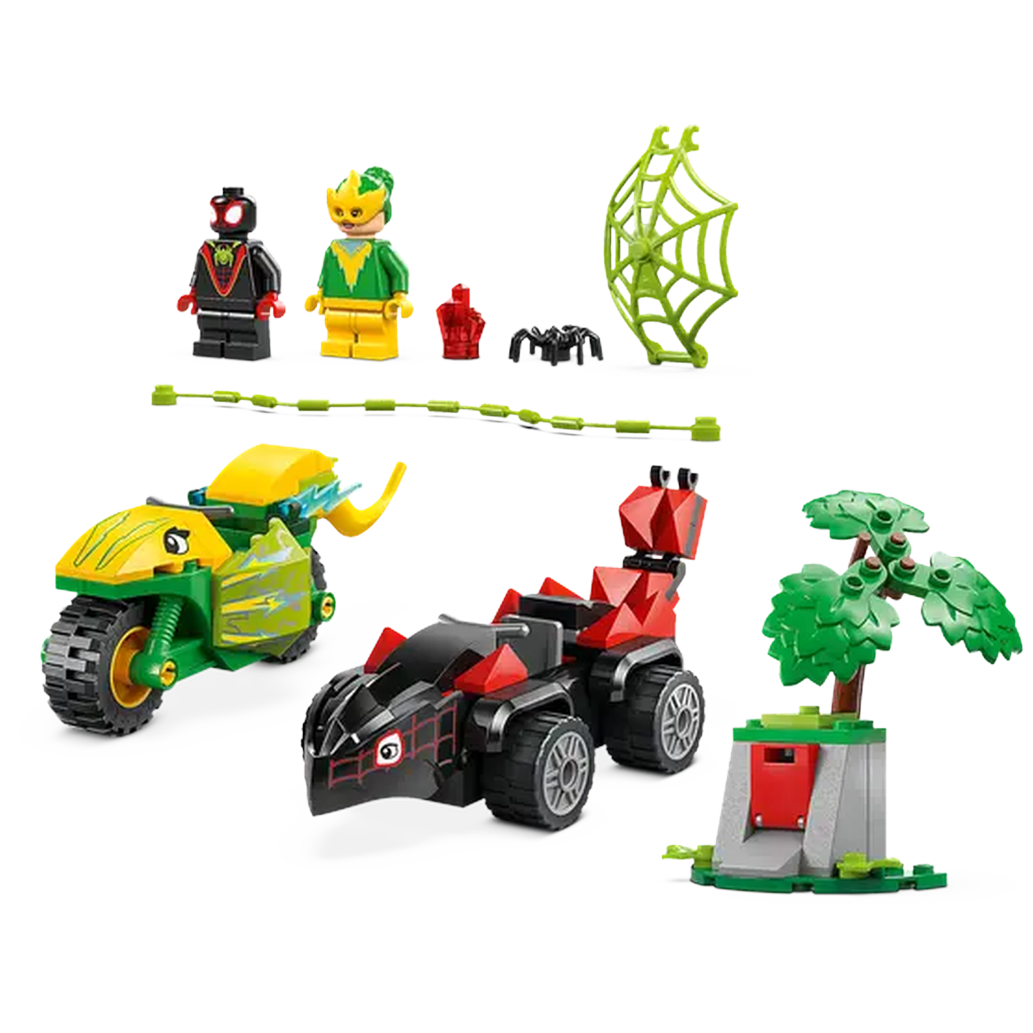 Lego set with figures, vehicles, and accessories. Includes a motorcycle, car, tree, spider web, and a small building.