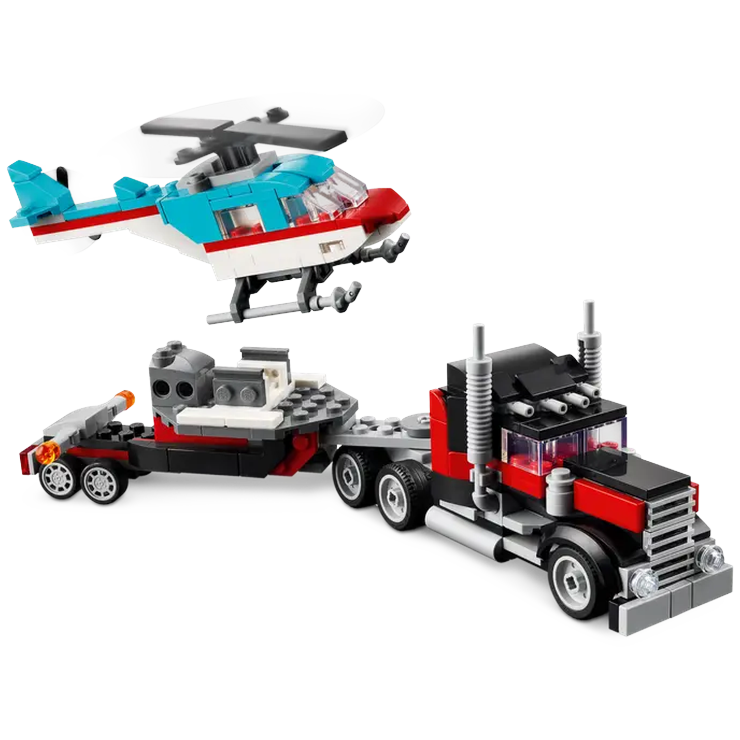 A Lego set featuring a helicopter, a truck, and a trailer. The truck is red and black, with a trailer. The helicopter is blue, white, and red.